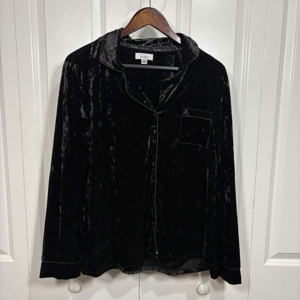 Nicole Miller Top Womens XL Black Crushed Velvet Button Up Lounge Goth Glam